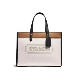 COACH Field Tote 30 中號 托特包 徽章裝飾皮革手提單肩包 白色拼色