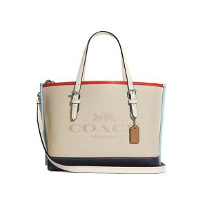 COACH 經典標誌帆布 Mollie 25 小號托特包 手提單肩包 米色
