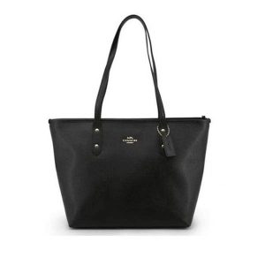 COACH City 簡約小Logo 純色皮革拉鏈手提單肩包 托特包 黑色