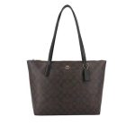 COACH Zip Top 經典標誌托特包 大容量拉鏈手提單肩包 深棕色老花