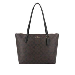 COACH Zip Top 經典標誌托特包 大容量拉鏈手提單肩包 深棕色老花