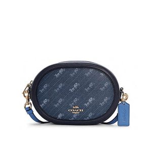 COACH 經典馬車LOGO 印花橢圓相機包 單肩斜挎包 象牙白/星夜藍