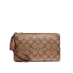 COACH 經典馬車LOGO PVC 皮革手拿腕包 雙拉鏈錢包 深棕/卡其