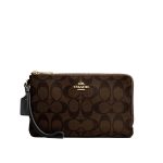 COACH 經典馬車LOGO PVC 皮革手拿腕包 雙拉鏈錢包 深棕/卡其