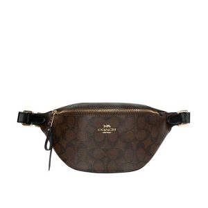 COACH 經典老花 LOGO PVC 防刮皮革單肩斜挎胸包 腰包 男女款同款 深棕色/棕色