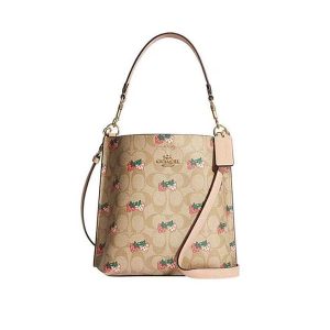 COACH 蔻馳 經典標誌草莓印花 Mollie 22號水桶包 單肩斜挎包 卡其色