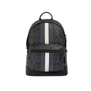 COACH 蔻馳 West 經典老花藍白條紋雙肩背包 電腦後背包 旅行包 大號 男款 黑灰色
