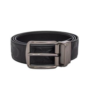 COACH 蔻馳 經典浮雕C LOGO 針扣式雙面腰帶 皮帶 男款 黑色 寬3.8CM