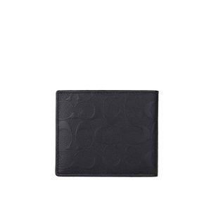 COACH 男士浮雕LOGO皮革對折短夾 三合一短款錢夾 黑色/附證件夾