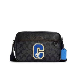 COACH Peanuts 史努比聯名款相機包 單肩斜挎包 男款 黑灰色