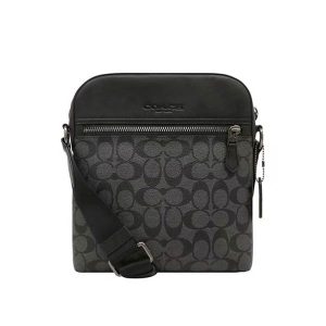 COACH Houston 經典C LOGO 印花皮革單肩斜挎包 飛行包 男款 黑色