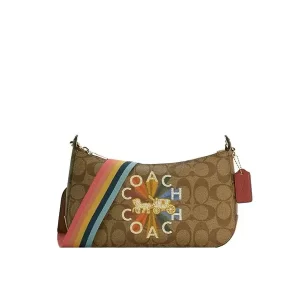 COACH JES BAGUETTE 金字馬車LOGO老花帆布皮革拉鍊斜背包