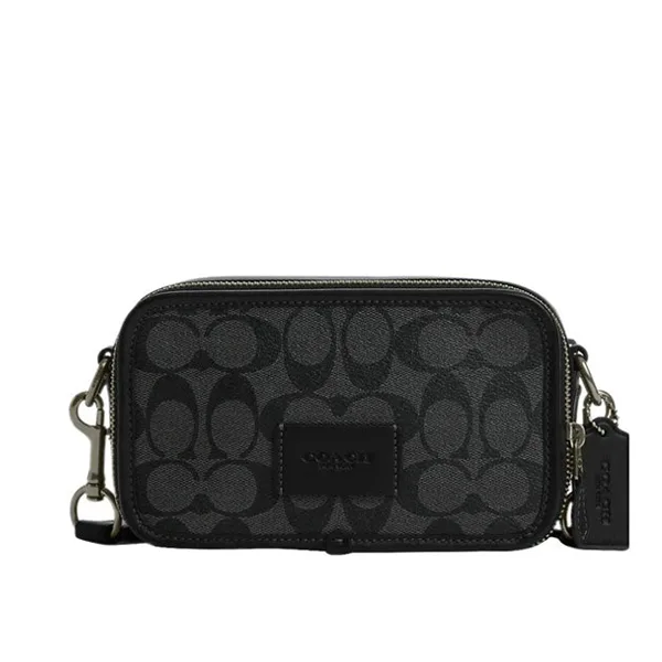 COACH WYATT SIGNATURE 帆布單肩斜挎包 男款 黑色 COACH WYATT經典Logo斜背包